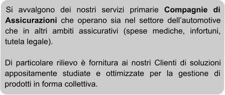 Si avvalgono dei nostri servizi primarie Compagnie di Assicurazioni che operano sia nel settore dell’automotive che in altri ambiti assicurativi (spese mediche, infortuni, tutela legale).  Di particolare rilievo è fornitura ai nostri Clienti di soluzioni appositamente studiate e ottimizzate per la gestione di prodotti in forma collettiva.